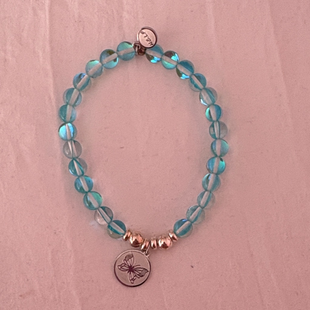 Aqua Beaded Bracelet With Silver Butterfly Charm